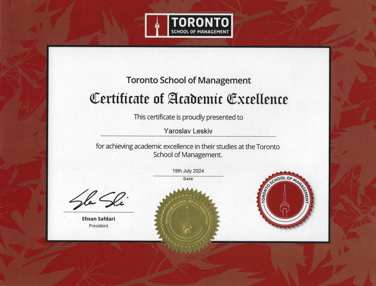 Toronto School of Management Academic Excellence certificate