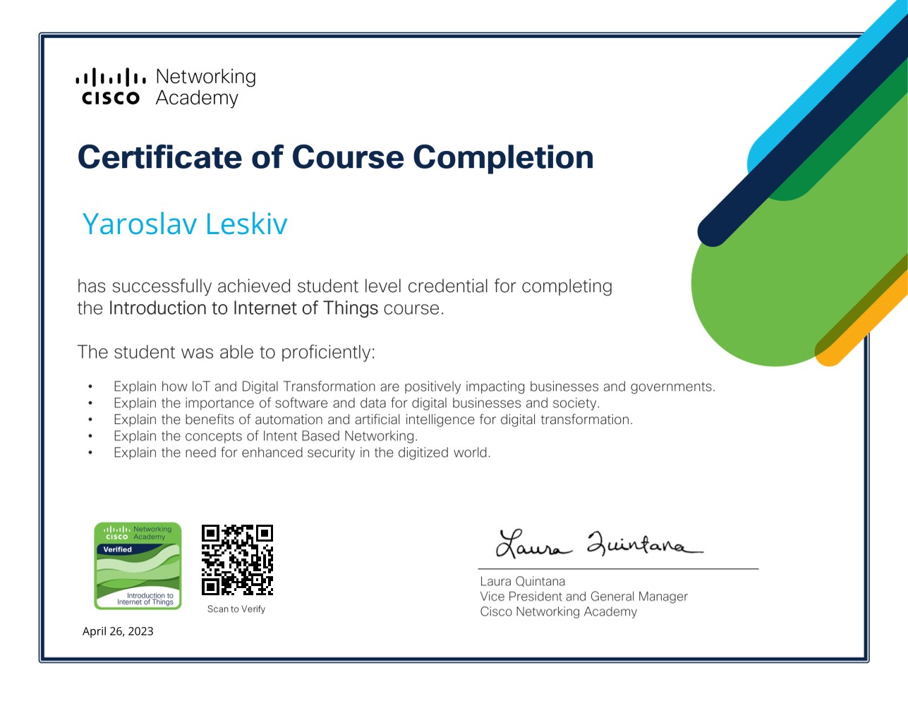 Cisco Introduction to Internet of Things course completion certificate